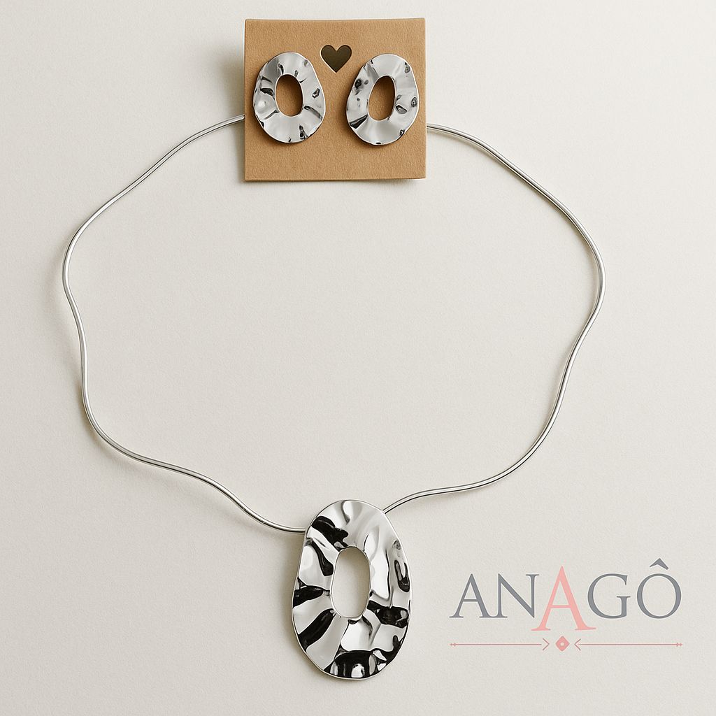 Conjunto colar aro mais brinco prateado